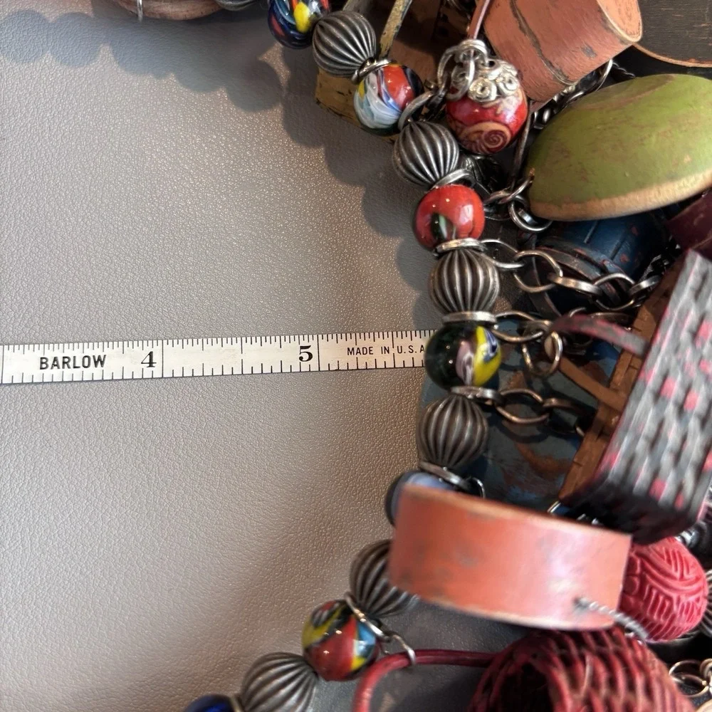 Vintage Mexican Folk Art Charm Necklace Statement Bib Beaded Wood Metal